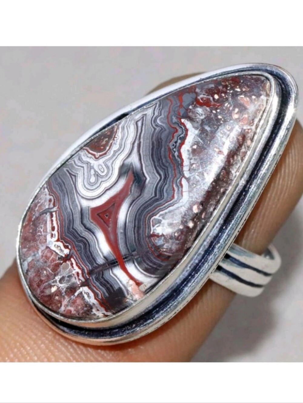 Lake Superior Agate Gemstone 925 Sterling Silver Handmade Patriotic Ring